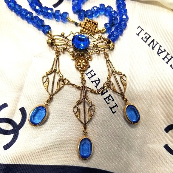 Rare Designer signed SADIE GREEN DECO Sapphire Crystal Necklace Brooch - Picture 4 of 7